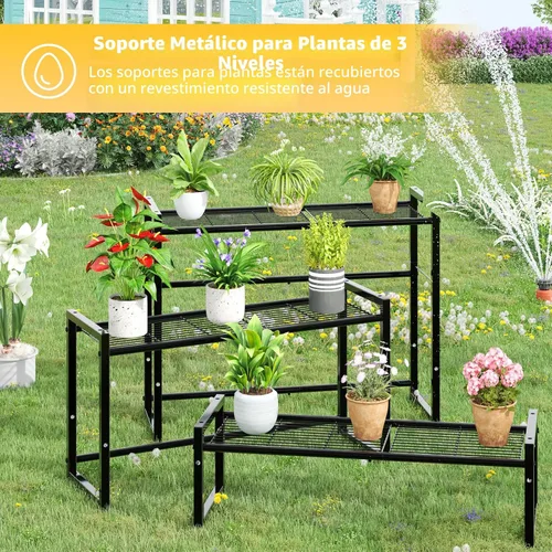 Miniatura 4 de Simple Trending Soporte de metal de 3 niveles para plantas al aire libre e interior, impermeable, apilable, resistente, estante alto para plantas