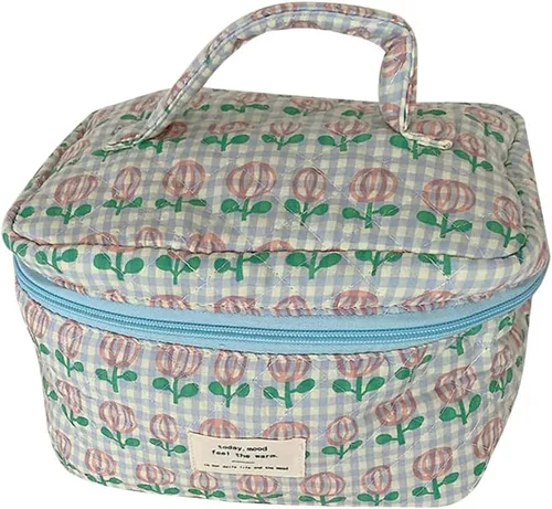 Miniatura 9 de Bolsa de cosméticos de viaje, bolsa de maquillaje de algodón, bolsa de aseo acolchada con hermoso patrón floral, bolsa de cosméticos de gran