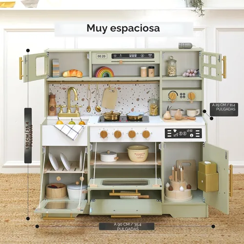 Miniatura 5 de Juego de cocina de madera para niños – Cocina de simulación realista con estufa, fregadero, cafetera, máquina de hielo y 15 accesorios divertidos