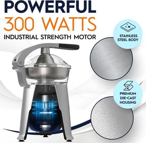 Miniatura 2 de Eurolux Exprimidor eléctrico de cítricos de acero inoxidable fundido a presión, para naranja, limón, pomelo 300 vatios de potencia, con 2 tamaños