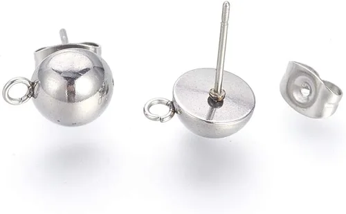 Craftdady 100 juegos de aretes de acero inoxidable con media bola, de 0.413 x 0.315 in, con cierre de mariposa de 0.069 pulgadas