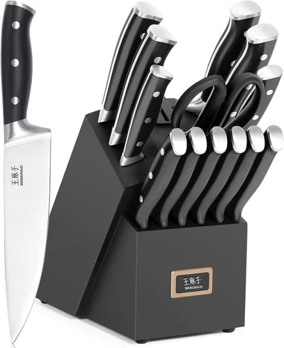 Miniatura 7 de WANGMAZI Juego de cuchillos de cocina de 15 piezas con afilador integrado, juego de cuchillos de cocina aptos para lavavajillas, cuchillos de acero