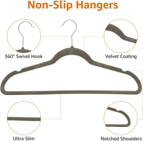 Miniatura 8 de Amazon Basics - Juego de 50 perchas antideslizantes, delgadas, con acabado de terciopelo, color gris/plateado