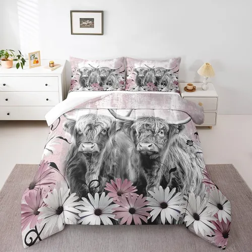 Miniatura 22 de Erosebridal Highland Cow - Juego de edredón tamaño matrimonial, juego de ropa de cama de toro de cuerno largo occidental para niños y adultos, Verde