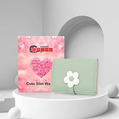 Miniatura 21 de CONISY Lindas carteras para mujer, de cuero con bloqueo RFID, pequeña cartera triple con ventana de identificación para niñas y mujeres