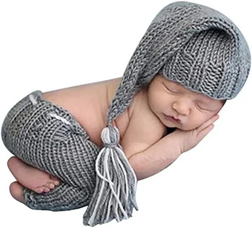 Miniatura 15 de Accesorios para sesión de fotos de bebé recién nacido, sombrero de punto de ganchillo, disfraz, sombrero de rayas, pantalones, mono, accesorios