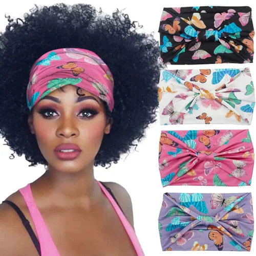 Diademas para el cabello – Diademas bohemias de mariposa elásticas anudadas con estampado floral para mujeres y niñas, paquete de 4 (mariposa A)