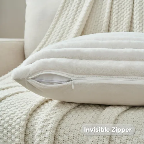 Miniatura 3 de FUTEI - Juego de 2 fundas de almohada decorativas con rayas, cuadradas, para invierno, piel sintética de conejo suave y acogedora y respaldo