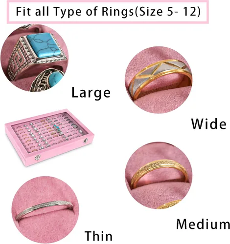 Miniatura 3 de Frebeauty Bandeja organizadora de anillos con 100 ranuras para anillos con tapa transparente, caja de almacenamiento de anillos de terciopelo