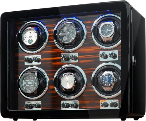 Miniatura 2 de Oryx - 6 bobinadoras de reloj para relojes automáticos, caja de reloj giratoria de madera, 15 modos de rotación, vitrina con luz LED, motor Mabuchi