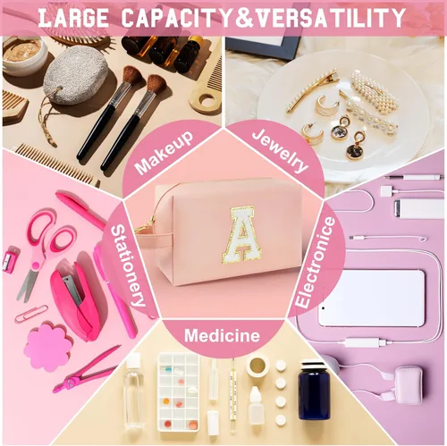 Miniatura 5 de Bolsa de maquillaje personalizada con inicial con asa, bolsa de cosméticos de preparación con bolsillo interior con cremallera, 8, 9, 10, 11, 12