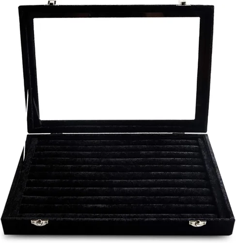 Miniatura 4 de Frebeauty Bandeja organizadora de anillos y aretes con tapa transparente, 10 ranuras de terciopelo, caja de almacenamiento de joyas con tapa