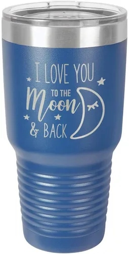 Vaso azul de 30 onzas con popote y tapa superior deslizante con texto en inglés "I love you to the moon and back", taza de viaje de acero inoxidable