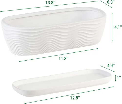 Miniatura 5 de MyGift Maceta de cerámica de 12.5 pulgadas, moderna maceta rectangular texturizada para suculentas con diseño de ondas y platillo extraíble (blanco)
