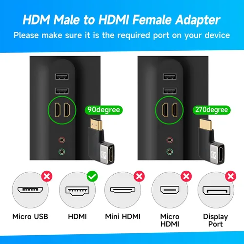 Miniatura 2 de Adaptador HDMI Plano de 8K de 90 Grados y 270 Grados Chapado en Oro Paquete de 2, Adaptador Plano Vertical HDMI Macho a Hembra en Ángulo Recto
