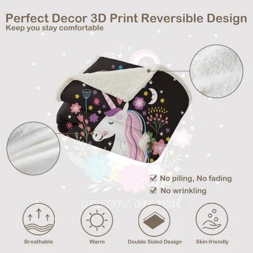 Miniatura 7 de Sleepwish - Manta de forro polar de unicornio para niñas y niños, manta de unicornio sherpa, mantas de unicornio para adultos y mujeres, manta Negro