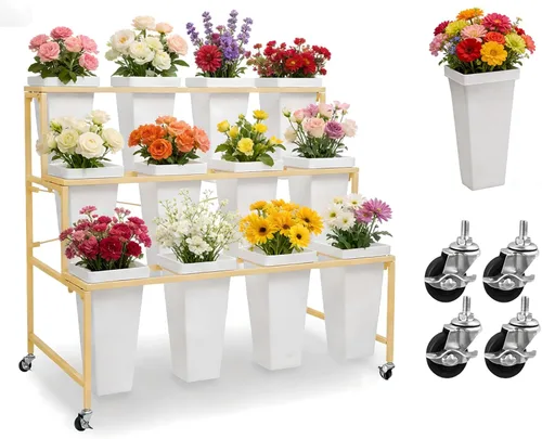 Miniatura 13 de Soporte de exhibición de flores de 3 niveles, soporte móvil de metal para plantas con 12 cubos, carrito de flores con ruedas, adecuado
