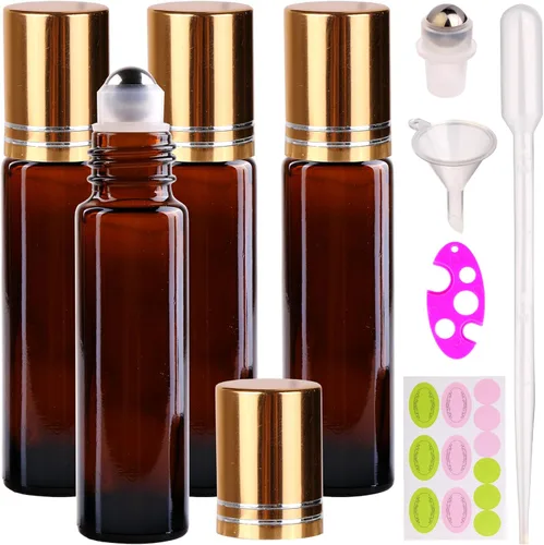 Miniatura 11 de inice 100 botellas de roll-on de 10 ml de vidrio ámbar para aceites esenciales con bolas de rodillo de acero inoxidable y tapa de aleación