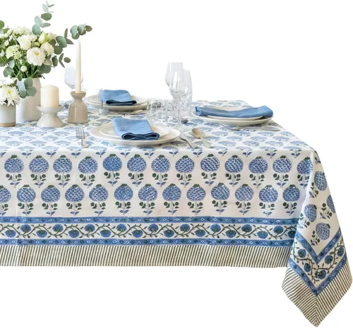 Miniatura 40 de ATOSII Mantel 100% algodón, Amara, floral, hecho a mano, rectangular, de lino, para cocina, comedor, fiestas, bodas, exteriores, picnics, Pascua