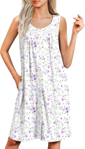 Miniatura 17 de Ekouaer Camisones para mujer, con botones, sin mangas, suave, con bolsillos, tallas S-XXXL
