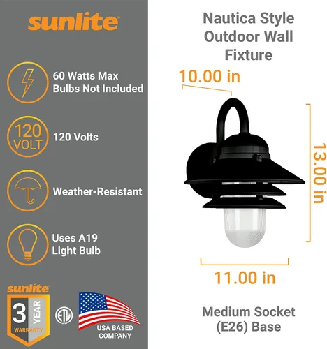 Miniatura 3 de Sunlite 41370-SU - Accesorio de pared para exteriores estilo náutico, base media (E26), policarbonato resistente a la intemperie, lente acrílica