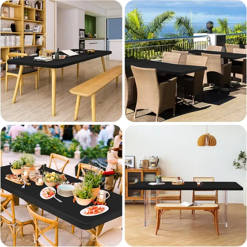 Miniatura 5 de Paquete de 12 fundas de tela elástica para mesas de 6 pies, fundas de mesa de elastano negro, protector universal rectangular para interiores
