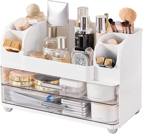Miniatura 8 de DASITON Organizador de maquillaje de gran capacidad para tocador con 2 cajones, organizadores de cuidado de la piel con soporte para brochas