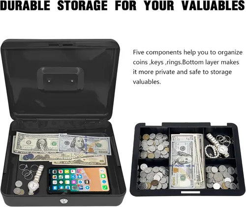 Miniatura 4 de Caja de efectivo de acero con cerradura de llave, organizador de dinero pequeño de metal con bandeja para dinero, caja de almacenamiento de efectivo