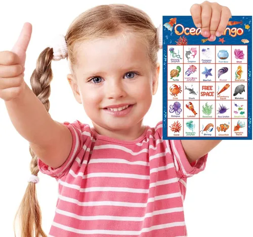 Miniatura 4 de Fancy Land Juego de bingo oceánico para 24 jugadores para niños, suministros de juegos de fiesta bajo el mar