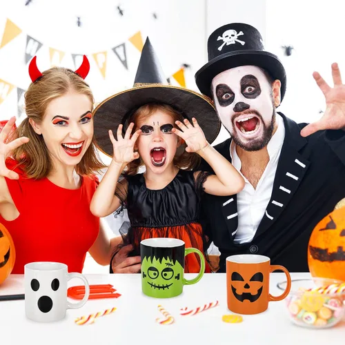 Miniatura 3 de Whaline Juego de 4 tazas de Halloween de 12 onzas con diseño de calabaza, gato, monstruo, fantasma, tazas de cerámica a juego para el hogar