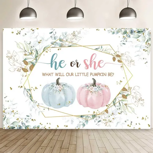 AIBIIN Fondo de fotografía de calabaza de otoño de 8 x 6 pies, diseño de calabaza rosa o azul, hojas verdes, decoración de fiesta de baby shower,