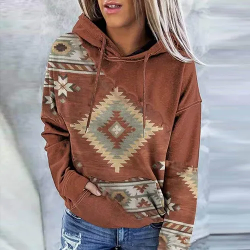 Miniatura 2 de Sudaderas con capucha estilo étnico azteca occidental para mujer, estilo casual, folk, manga larga, con bolsillo