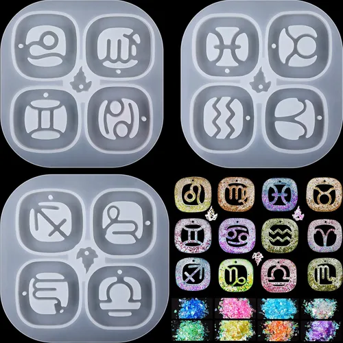 3 piezas de signos del zodiaco llaveros de resina moldes de silicona con agujero de constelación colgante de silicona epoxi resina UV molde para