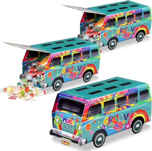 Miniatura 7 de Eersida 3 piezas de decoraciones geniales de los años 60 y 70, decoraciones de fiesta hippie de flores, paz, autobús retro, golosinas, cajas