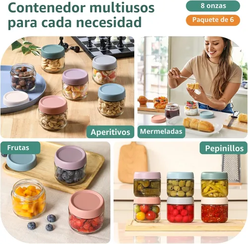 Miniatura 7 de NETANY Paquete de 6 tarros de vidrio de 8 onzas con tapas herméticas, recipientes de avena con tapas, tarros de ensalada Mason de boca ancha