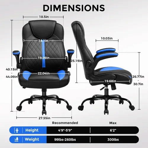 Miniatura 3 de COMHOMA Silla ergonómica para juegos de oficina para adultos, con soporte lumbar, brazos abatibles, altura ajustable, ruedas giratorias de piel Azul