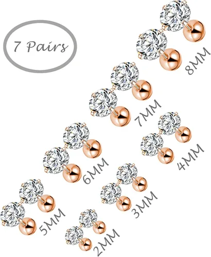 Miniatura 3 de Tornito Juego de 7 pares de aretes de acero inoxidable de 0.71oz, redondos, circonita cúbica, para hombres y mujeres, 0.079in, tono oro rosa