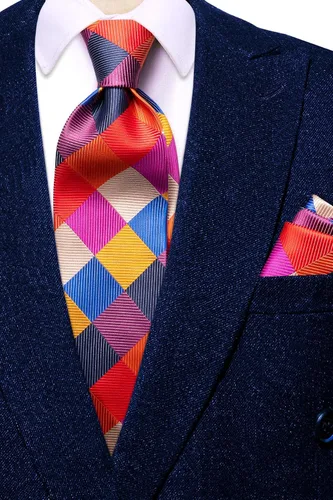 Miniatura 82 de Hi-Tie Corbata clásica de cachemira para hombre con pañuelo y gemelos a cuadros