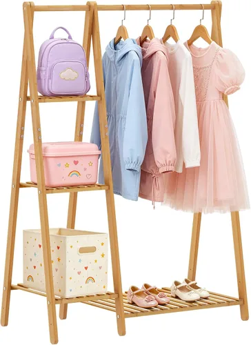 Percheros pequeños para ropa, perchero para colgar ropa de niños, perchero de madera de bambú con estantes, estante de esquina independiente para