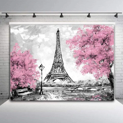 Miniatura 2 de Telón de fondo de fotografía de París, torre Eiffel, fondo de paisaje de ciudad europea, tapiz rosa para colgar en la pared, decoración para sala