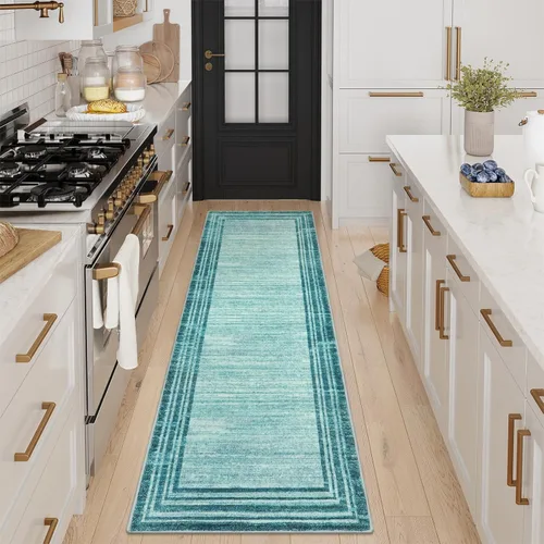Miniatura 25 de Alfombra de pasillo moderna abstracta Lahome, alfombra lavable turquesa de 2 x 6 pulgadas para entrada, alfombra antideslizante de bajo pelo