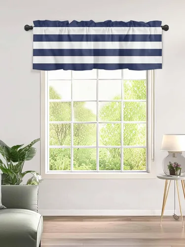 Miniatura 8 de Cortinas de cenefas a rayas blancas y azul marino para cocina, cafetería, cenefa de ventana de rayas modernas náuticas, cortinas cortas de 42 x 12