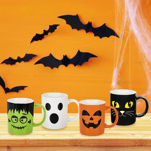 Miniatura 7 de Whaline Juego de 4 tazas de Halloween de 12 onzas con diseño de calabaza, gato, monstruo, fantasma, tazas de cerámica a juego para el hogar
