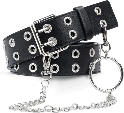 Miniatura 6 de SUOSDEY Cinturón de cuero con doble ojal con cadena desmontable para mujeres y hombres, cinturón negro punk con agujeros dobles tachonados para jeans