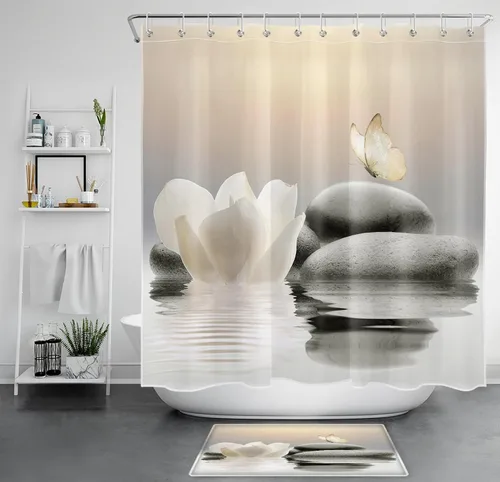 Miniatura 9 de EOBTAIN Cortina de ducha floral zen, lirio de agua blanca, mariposa y piedra zen gris, cortinas de ducha para baño, plantas, naturaleza, espiritual
