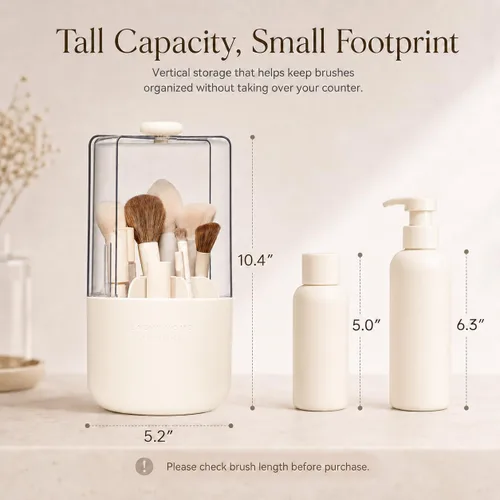 Miniatura 3 de EACHY Soporte para brochas de maquillaje giratorio de 360° con tapa a prueba de polvo, material impermeable, 7 compartimentos para almacenamiento