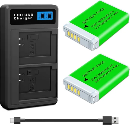 Paquete de 2 baterías NB-13L mejoradas (2050 mAh) y cargador LED dual para Canon PowerShot G1 X Mark III, G5 X, G5X Mark II, G7 X, G7 X Mark II, G9