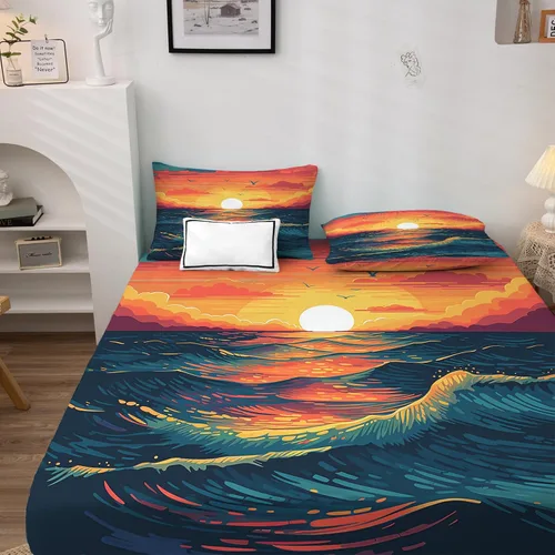 Miniatura 2 de Juego de sábanas de 3 piezas con diseño de mar y puesta de sol, tamaño individual, juego de sábanas y fundas de almohada estampadas de microfibra