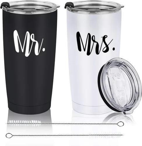 Mr and Mrs - Juego de 2 vasos de viaje de acero inoxidable para recién casados, parejas, esposa, novia, despedida de soltera, vaso de viaje aislado