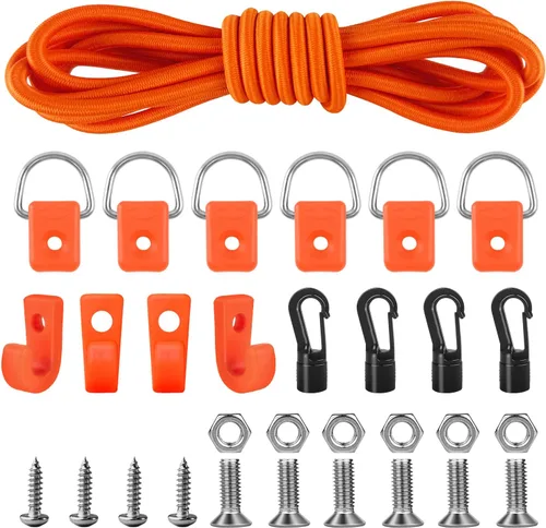 Kit de aparejo de cubierta de kayak, cuerda elástica de 1/4 pulgadas y 9.8 pies con 6 anillos D y 4 ganchos en J y 4 ganchos de cuerda de choque,